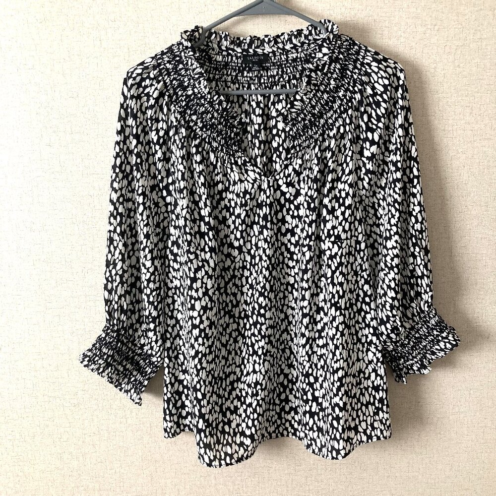 Talbots Animal Print Smocked Blouse Women's Large Petite Pullover Top